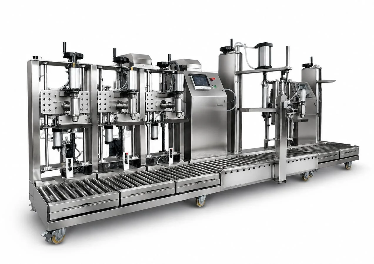 Fully automatic multi-head explosion proof chemical filling line with conveyor system and PLC control panel for high-capacity industrial liquid packaging.